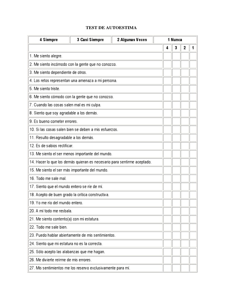 Test de Autoestima para Imprimir | PDF