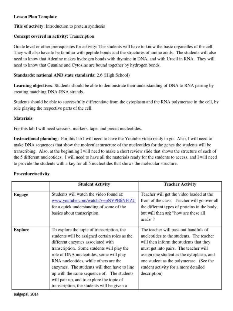 Protein Lesson Plan PDF Nucleic Acid Sequence Dna