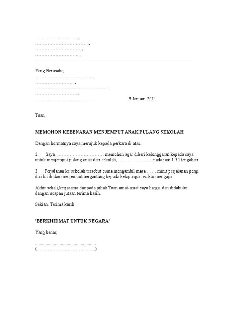 Surat Kebenaran Menjemput Anak Pulang Sekolah