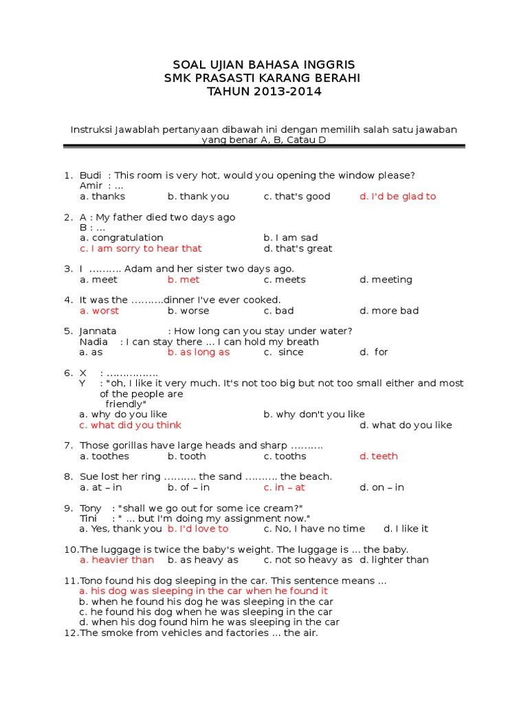 ⁂ 30 latihan soal bahasa inggris kelas xii smk beserta kunci jawaban images
