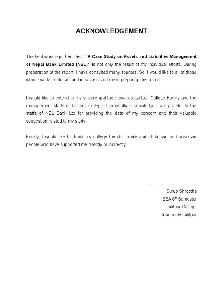 Acknowledgment for NBL Case Study Report | PDF | Career & Growth | Self ...