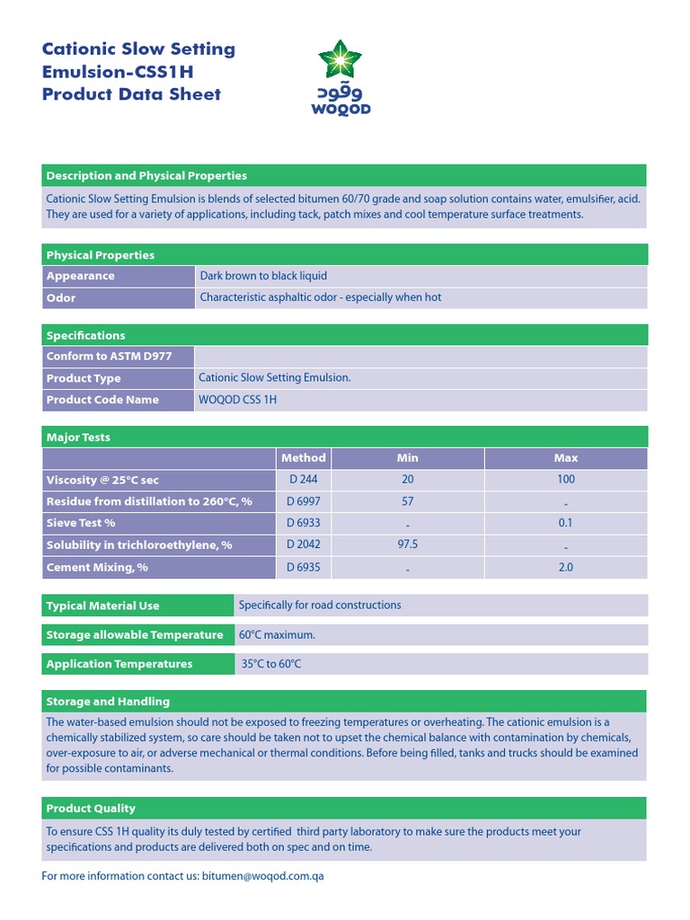 CSS-1H Cationic Emulsion Data Sheet | PDF