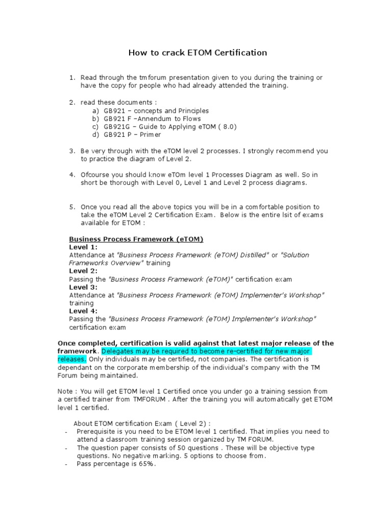 ETOM Level 2 Certification Guide | PDF | Question | Itil