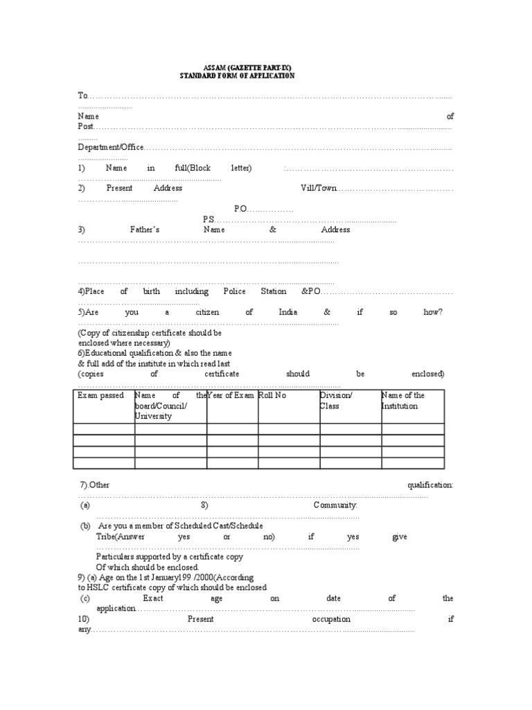 Standard Form of Application Assam (Gazette PartIx) PDF