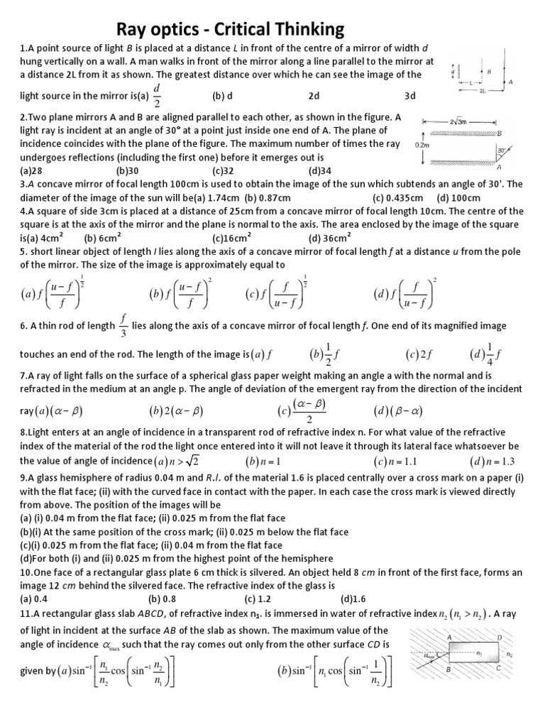 Ray Optics: Critical Thinking Exercises | PDF | Lens (Optics ...