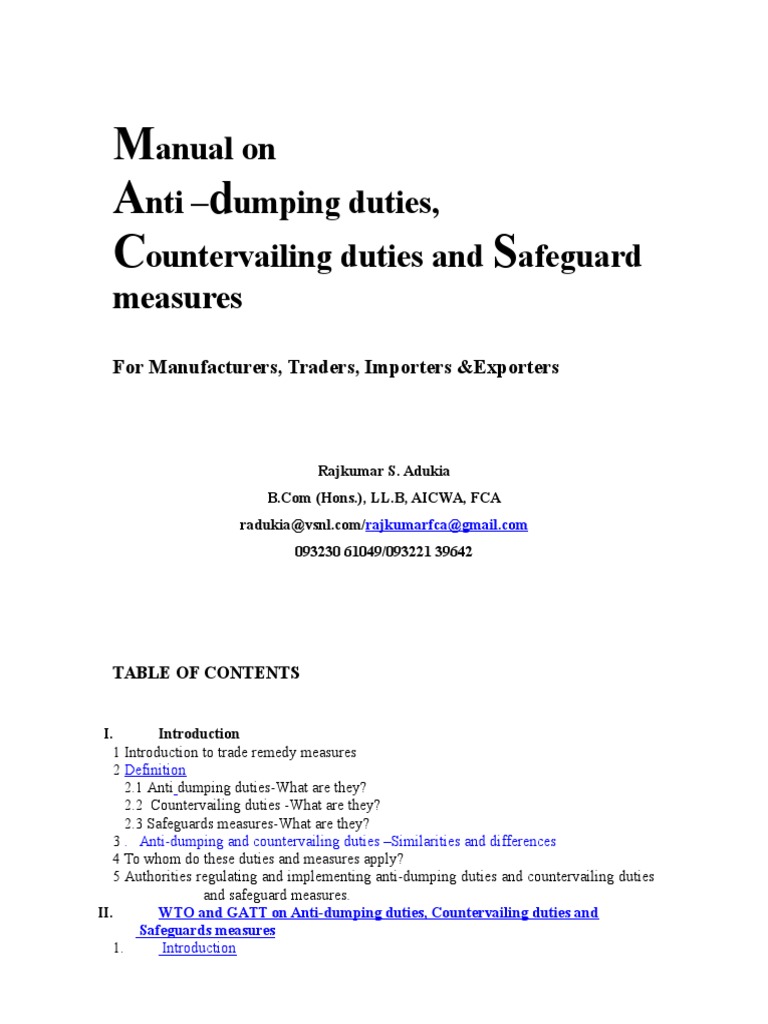 Manual On Anti Dumping, Countervailing Duties and Safeguard Measures ...