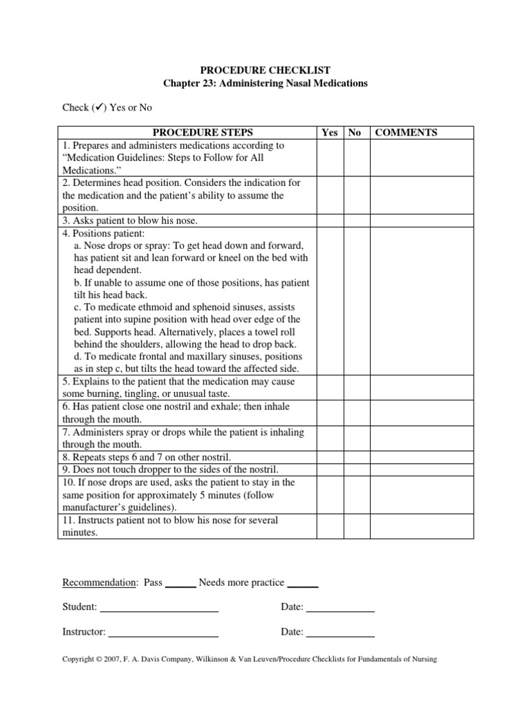 Procedure Checklist Chapter 23: Administering Nasal Medications | PDF