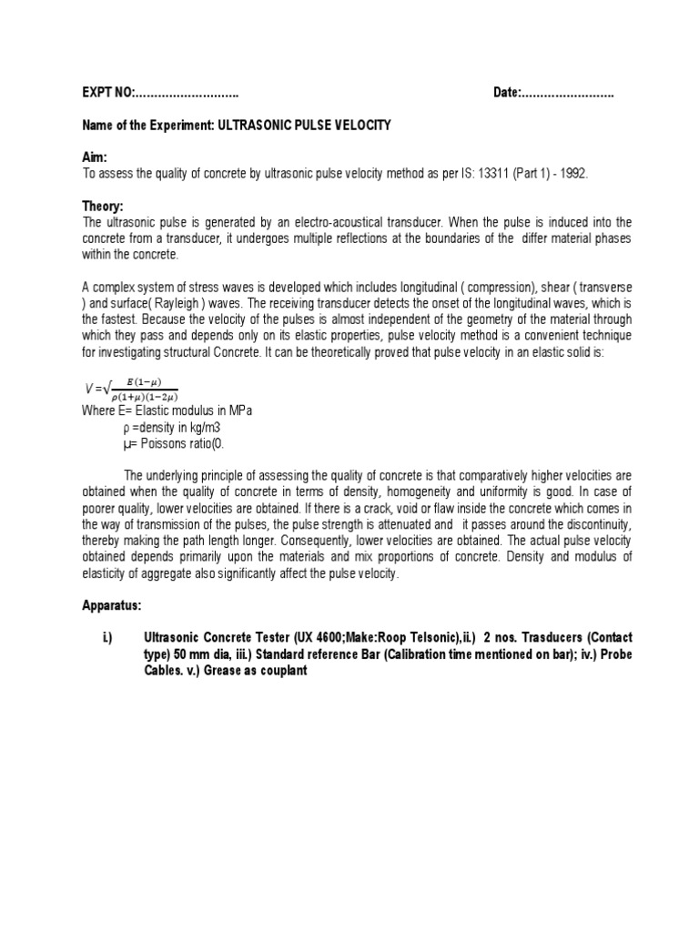 Ultrasonic Pulse Velocity Testing of Concrete | PDF | Strength Of ...