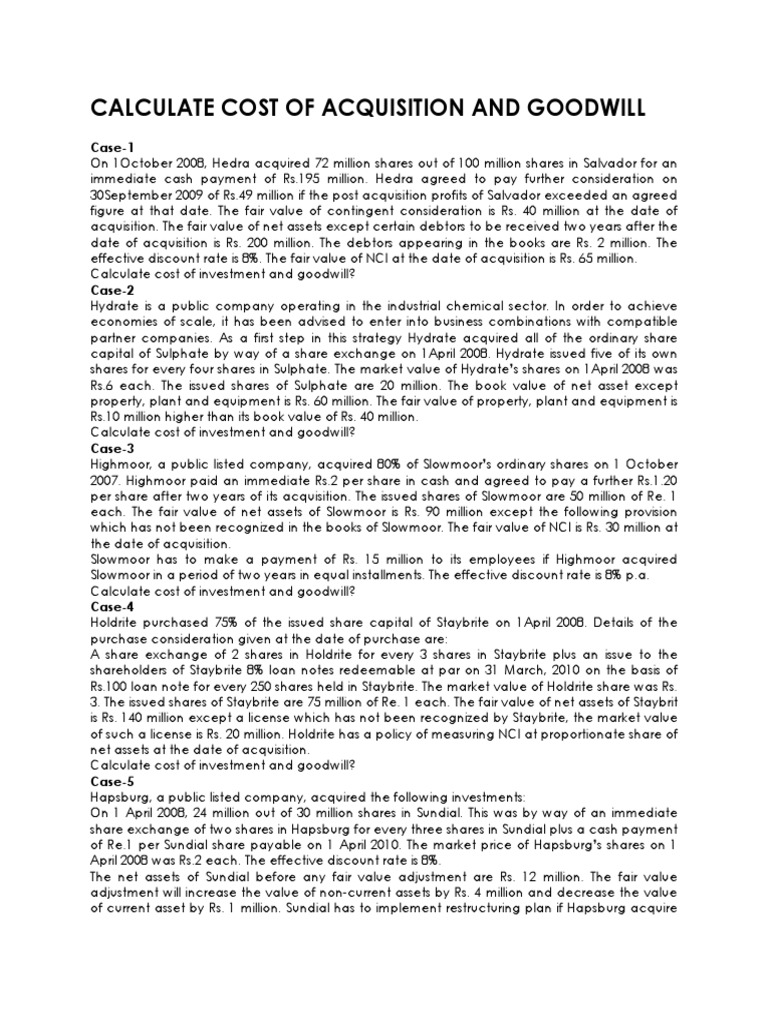 Calculation of Cost of Acquisition Goodwill (Accounting) Mergers
