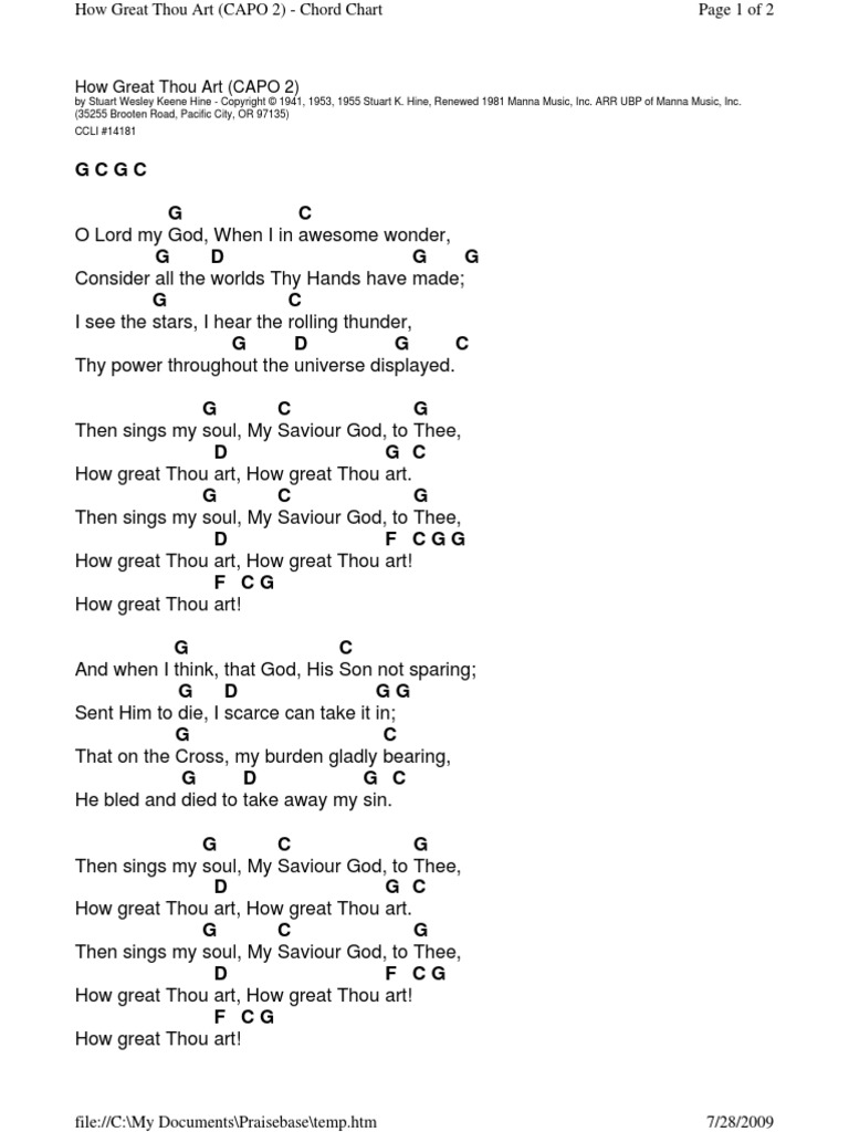 Chord Chart How Great Thou Art Capo 2