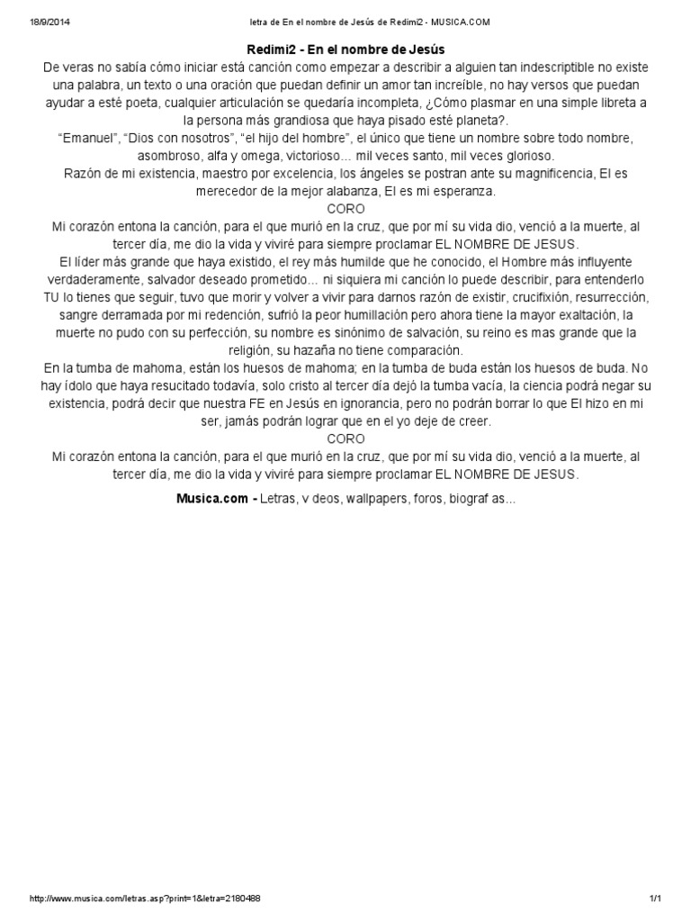 Letra De En El Nombre De Jesus De Redimi2 Musica Pdf