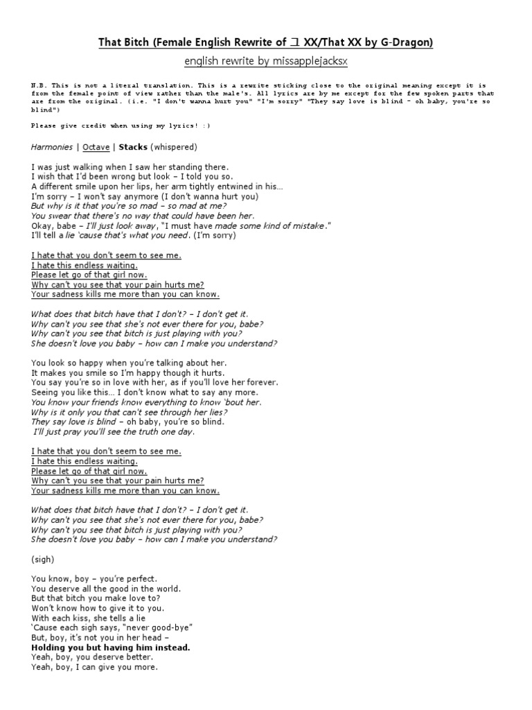 Lyrics That Bitch Female English Rewrite By Missapplejacksx Of That Xx By G Dragon Leisure