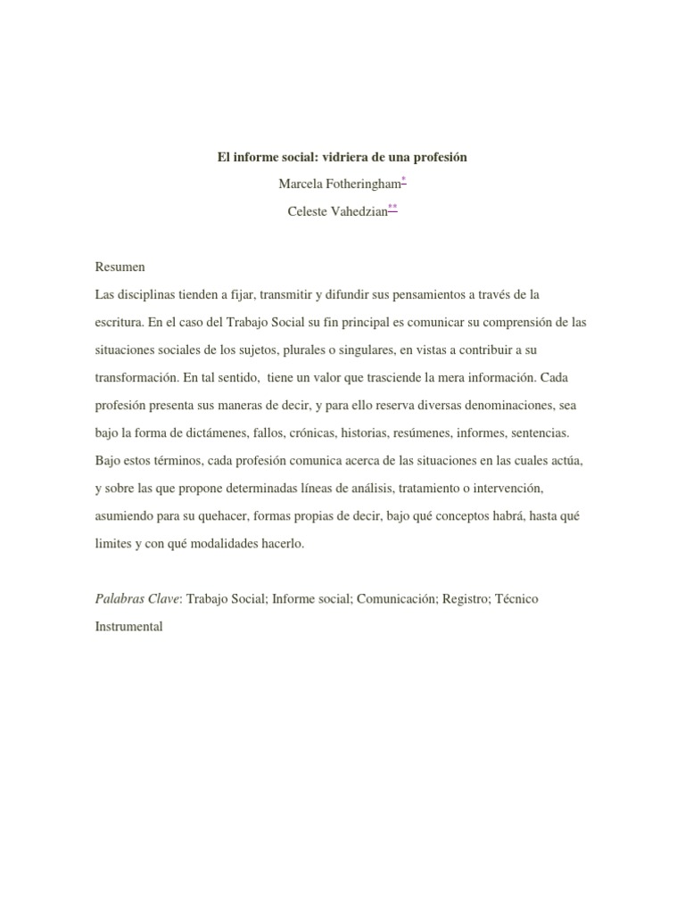 Informe Social en Trabajo Social: Ejemplo y Análisis | PDF | Trabajo ...