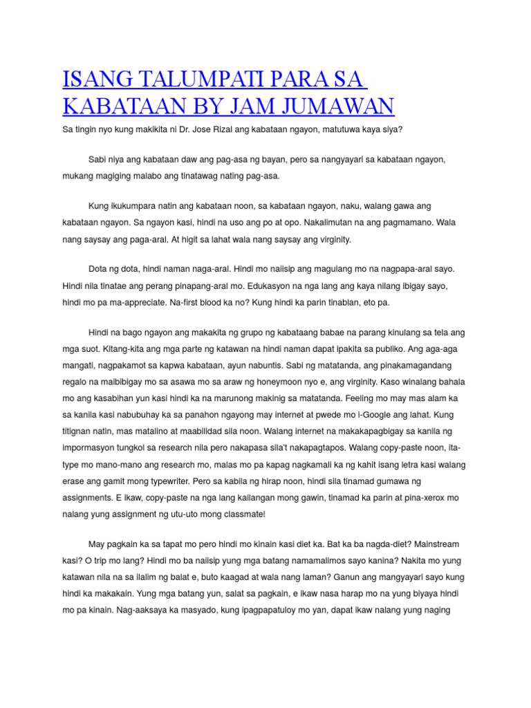 Isang Talumpati Para Sa Kabataan By Jam Pdf