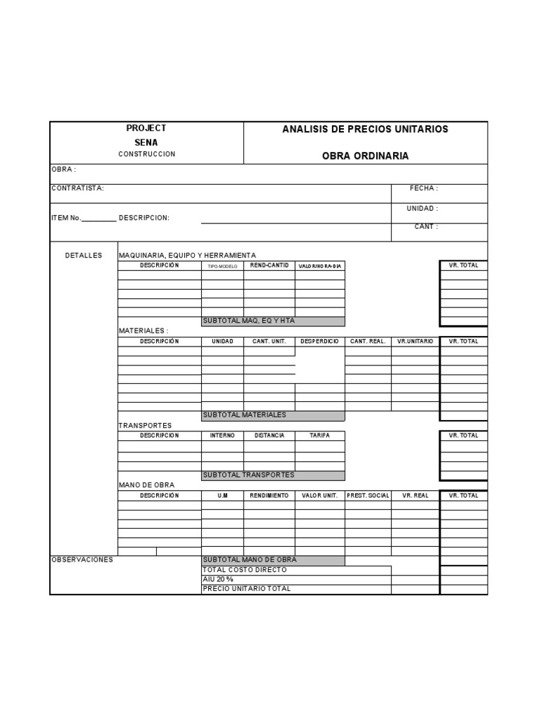 Formato APU para Construcción | PDF