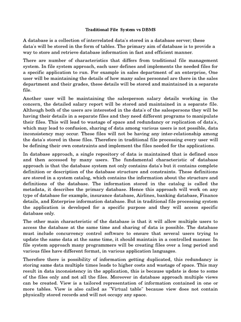 Traditional File System Vs DBMS | PDF | Databases | File System