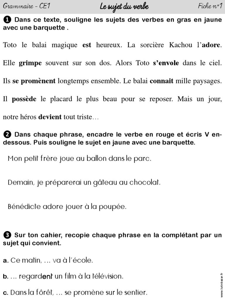 Le Sujet Du Verbe Ce1 Exercices Pdf Sujet - Fiches D Exercices Ce1 v2 LB | PDF