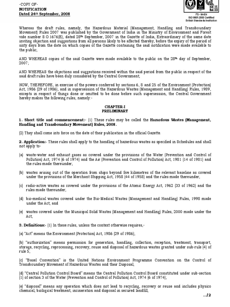 Hazardous Wastes Management Handling and Transboundary Movement Rules