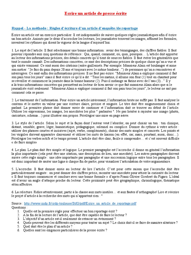 Ecrire un article de presse écrite SES.doc  Lecture (Processus)  Mise