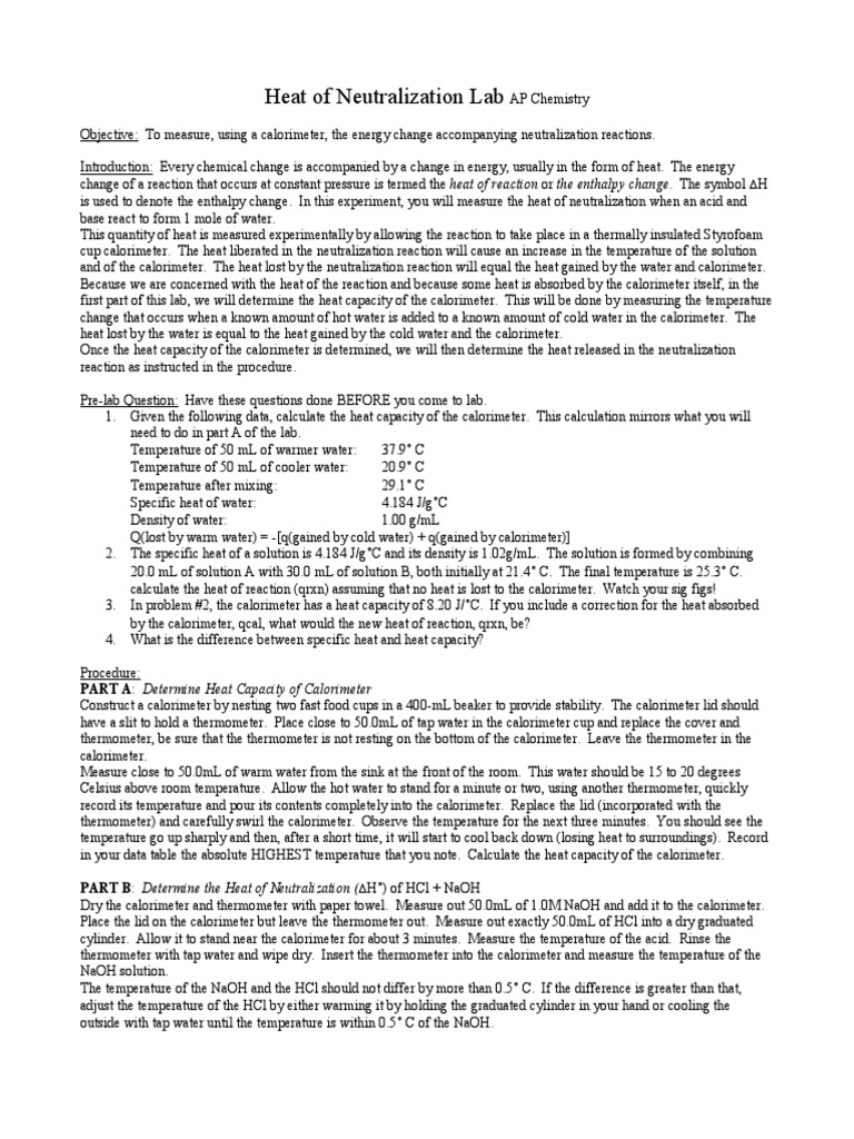 Heat of Neutralization Lab