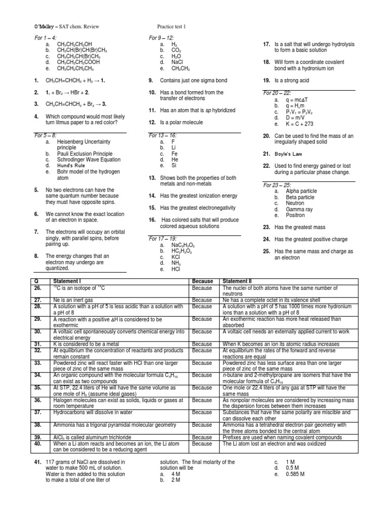 SAT Chemistry Practice Test 1 | PDF | Chemical Bond | Chemical Polarity