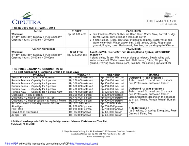 Price List Fasilitas The Taman Dayu
