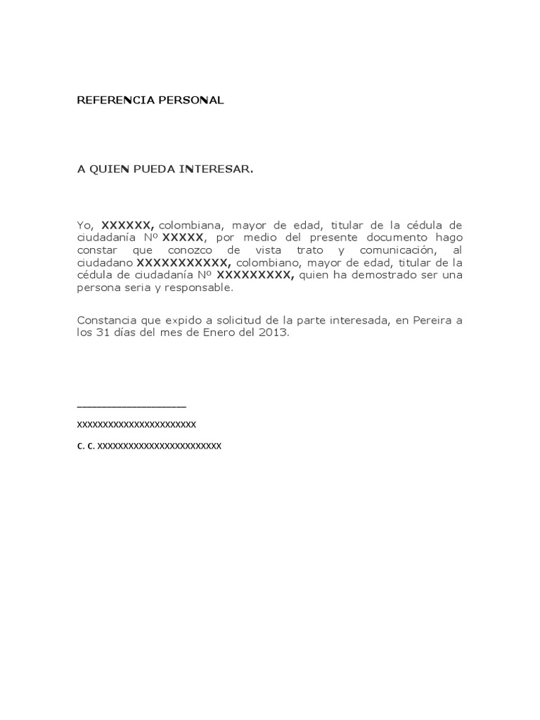 Formato carta de Referencia Personal