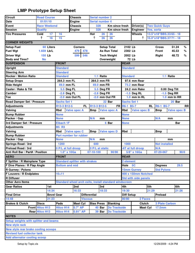 LMP Prototype Race Setup Sheet | PDF