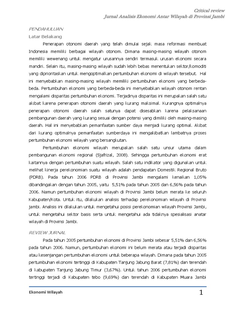 Tugas Critical Review Ekonomi Wilayah Pdf