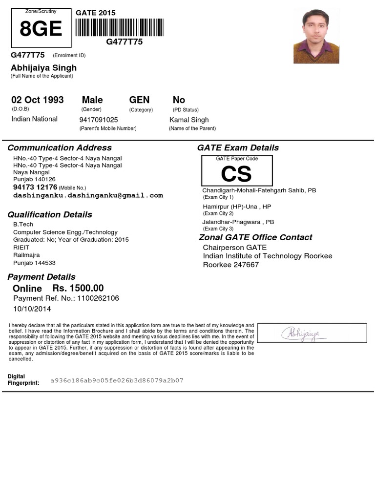 02 Oct 1993 Male GEN No: Communication Address GATE Exam Details | PDF ...