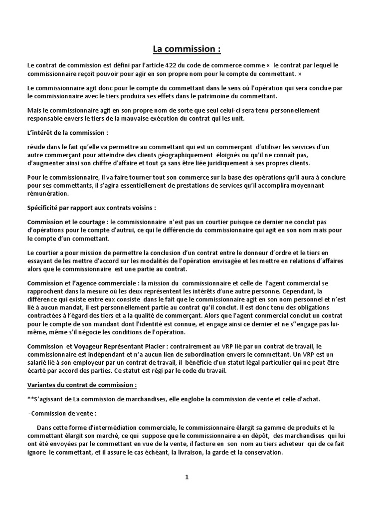 Contrat de commission : définitions et enjeux | PDF