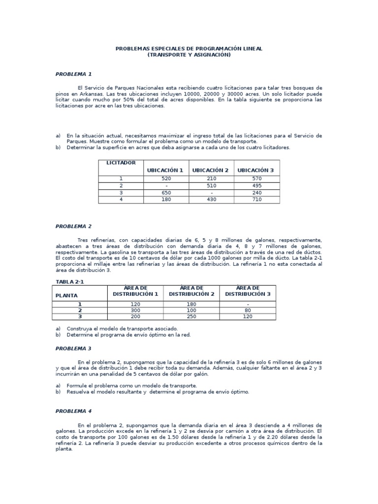 Problemas de Programación Lineal: Transporte y Asignación | PDF ...