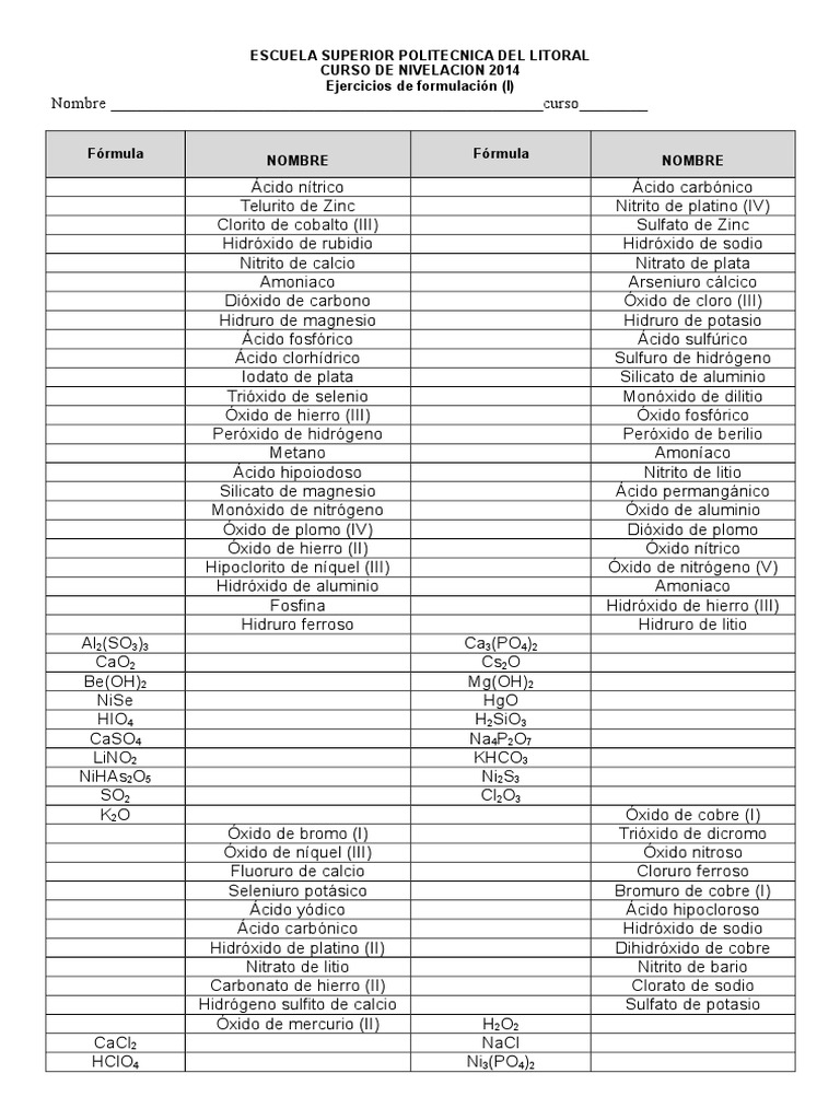 01 Ejercicios Formulacion inorganica PDF Di xido De Azufre Nitrato