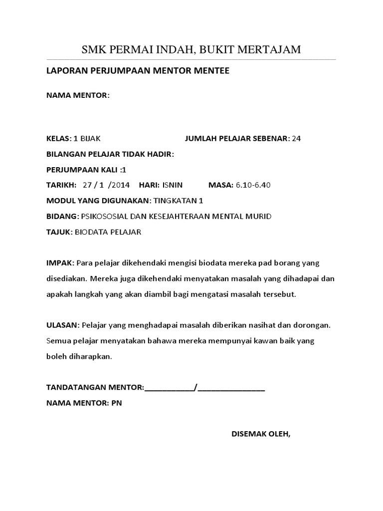 Contoh Laporan Mentor Mentee 1 Pdf