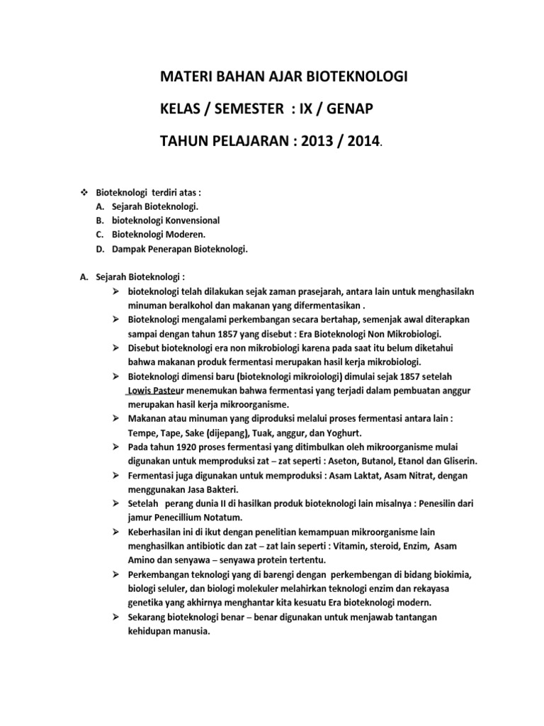 Materi Bahan Ajar Bioteknologi Materi Semester Genap Pdf