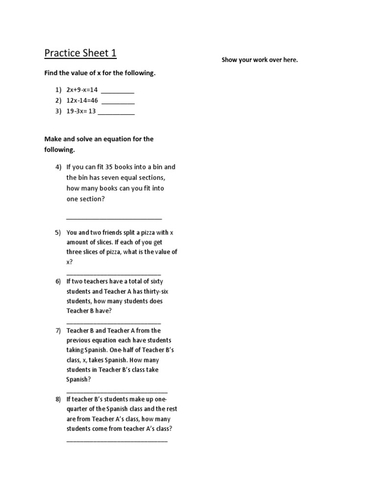 Solving Linear Equations Practice Sheet | PDF