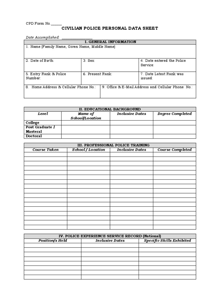 Civilian Police Personal Data Sheet | PDF | Career & Growth
