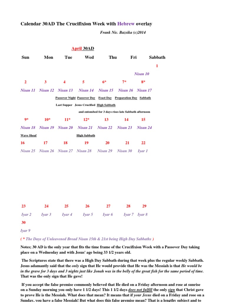 Crucifixion Week Calendar 30 AD | PDF | Nisan | Ministry Of Jesus