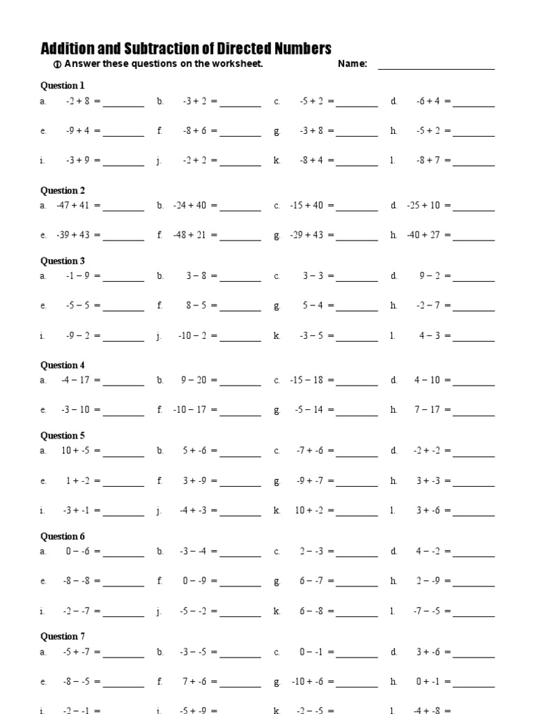 Add And Subtract Directed Numbers Worksheet