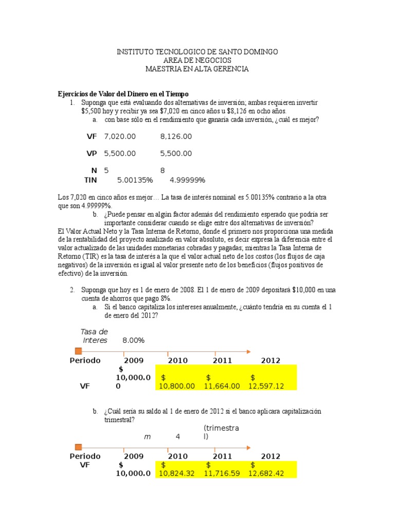 Ejercicios de Valor del Dinero en el Tiempo | PDF | Valor presente neto ...
