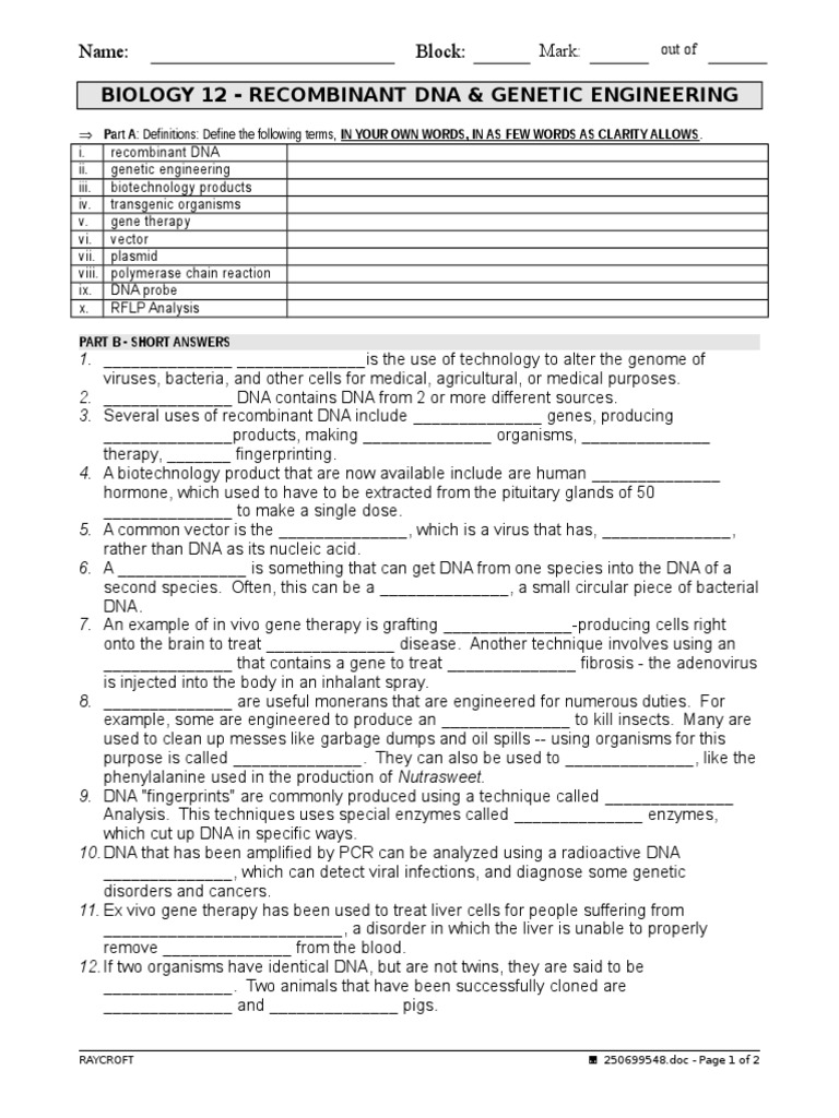 worksheet - recombinant dna | Plasmid | Dna
