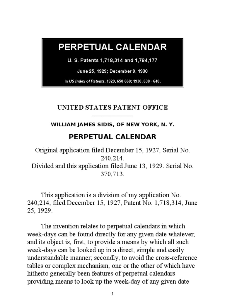 William James Sidis_perpetual Calendar Patent Application Patent