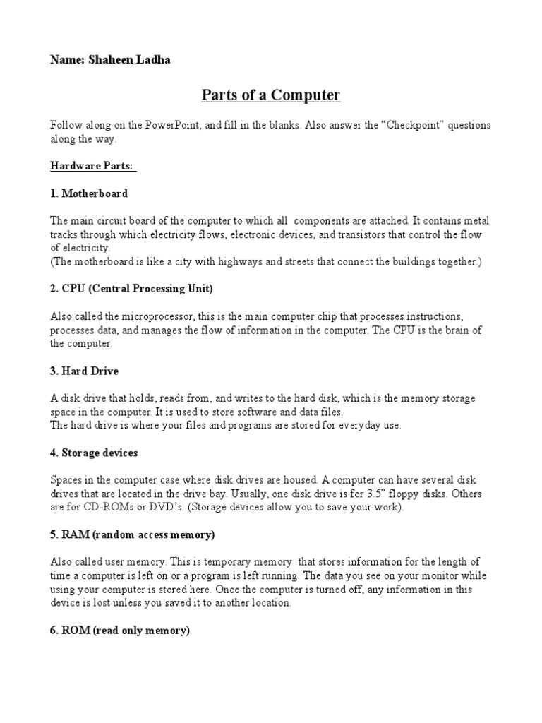 Computer Parts for Homework Guide | PDF | Computer Data Storage ...