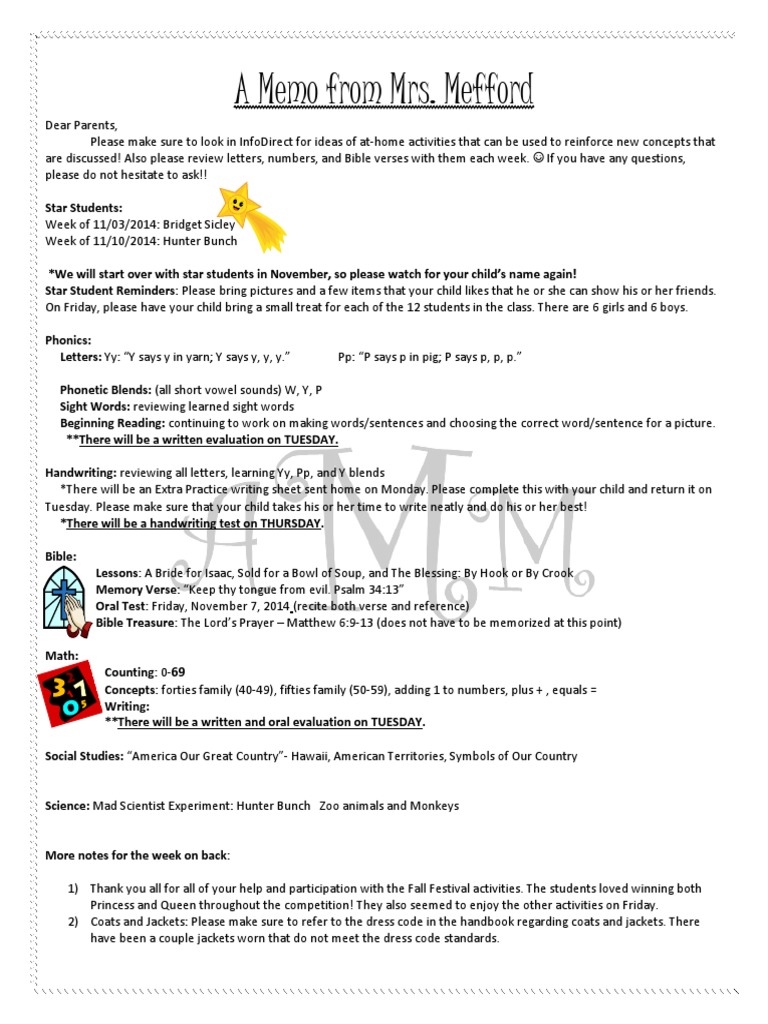 Weekly Classroom Update for Parents | PDF