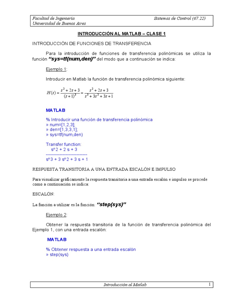 Introducción a Funciones de Transferencia en MATLAB | PDF