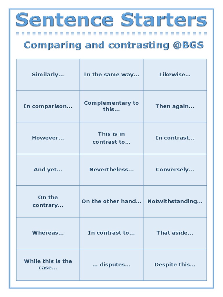 compare and contrast essay starters
