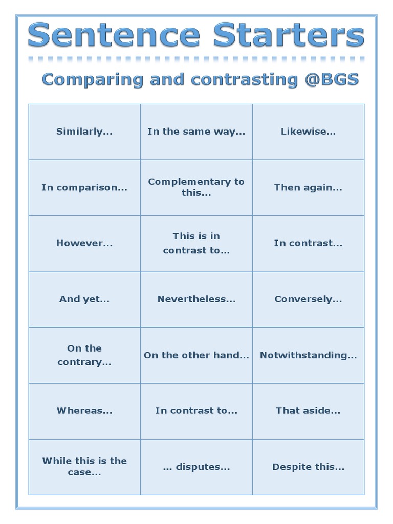 comparison essay sentence starters