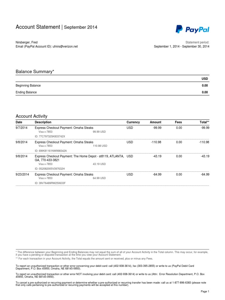 September 2014 PayPal Statement | PDF | Business