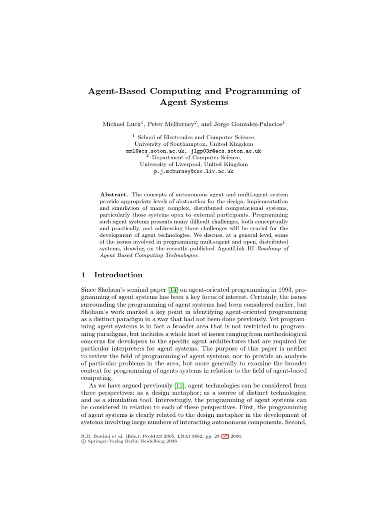Agent Based Computing and Programming of Agent Systems PDF Agent