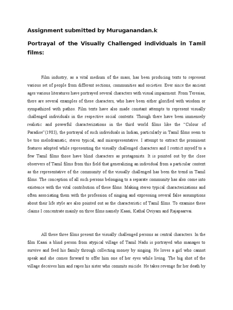 Representation of Visually Challenged in Tamil Films PDF Visual